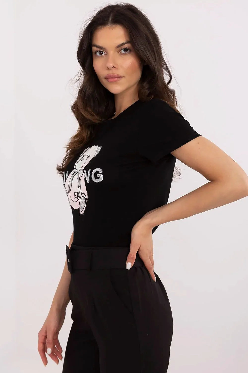T-shirt femme design panda paillettes TOLONG noir lettres EP ajusté col rond manches courtes coton elasthanne mode jeune femme occasion quotidienne