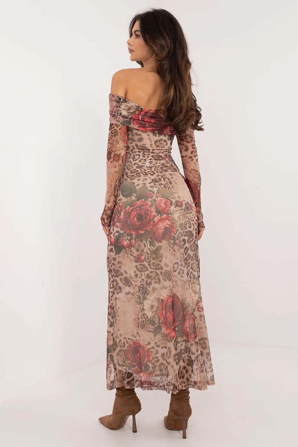 Robe de soirée élégante longue style off-the-shoulder imprimé léopard fleurs rouges et roses manches longues ourlet long taille ajustable polyester stretch femme