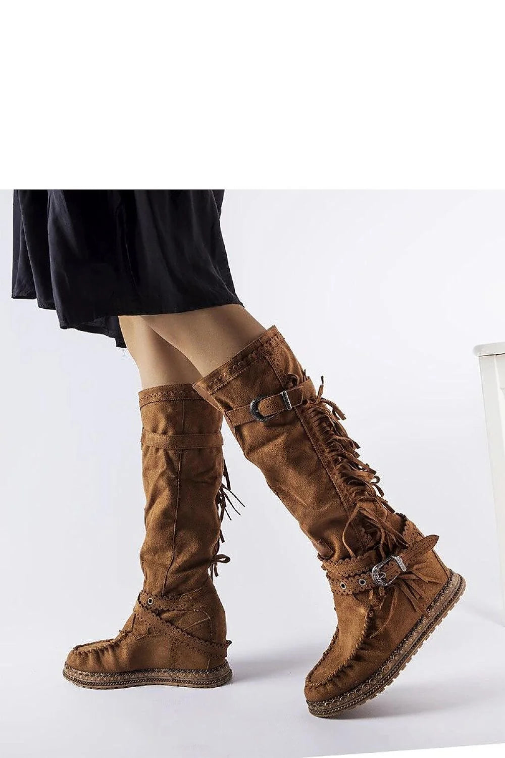 Bottes cothurnes bohèmes western en suédine marron à franges et sangles métalliques pour femme, style rustique, talon compensé, automne/hiver