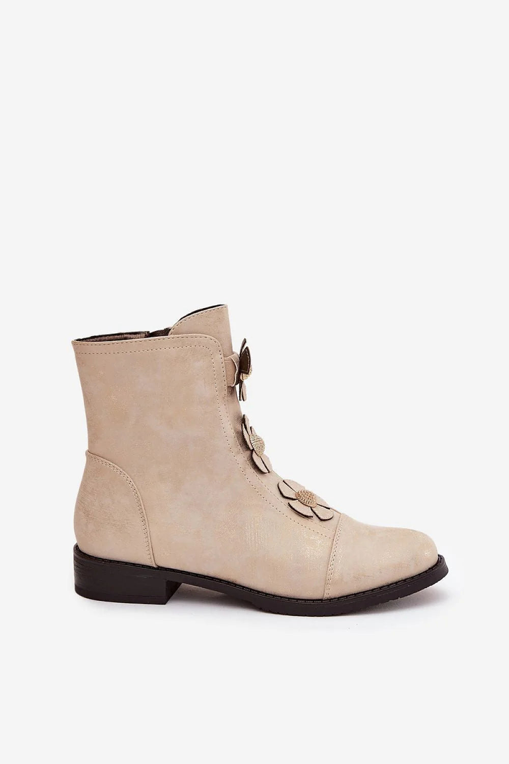 bottines femme montantes effet daim beige clair talon bas bloc semelle contrastée noire fermeture éclair latérale fleurs appliquées