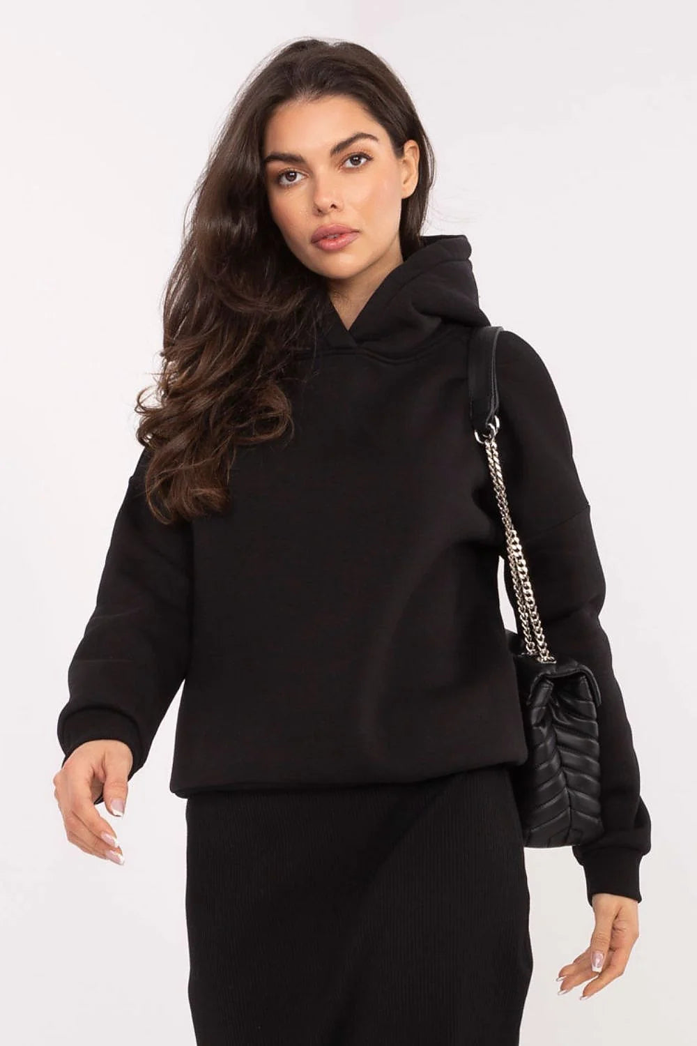 sweatshirt femme oversize noir capuche imprimée boxy coton stretch doux extensible manches longues bords côtes doublé chaud confortable