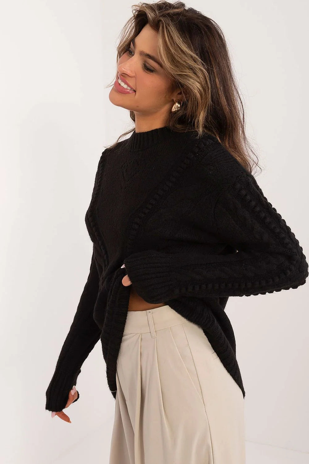 Pull longue femme Chandail Badu motif torsadé chevron acrylique doux manches longues finitions soignées