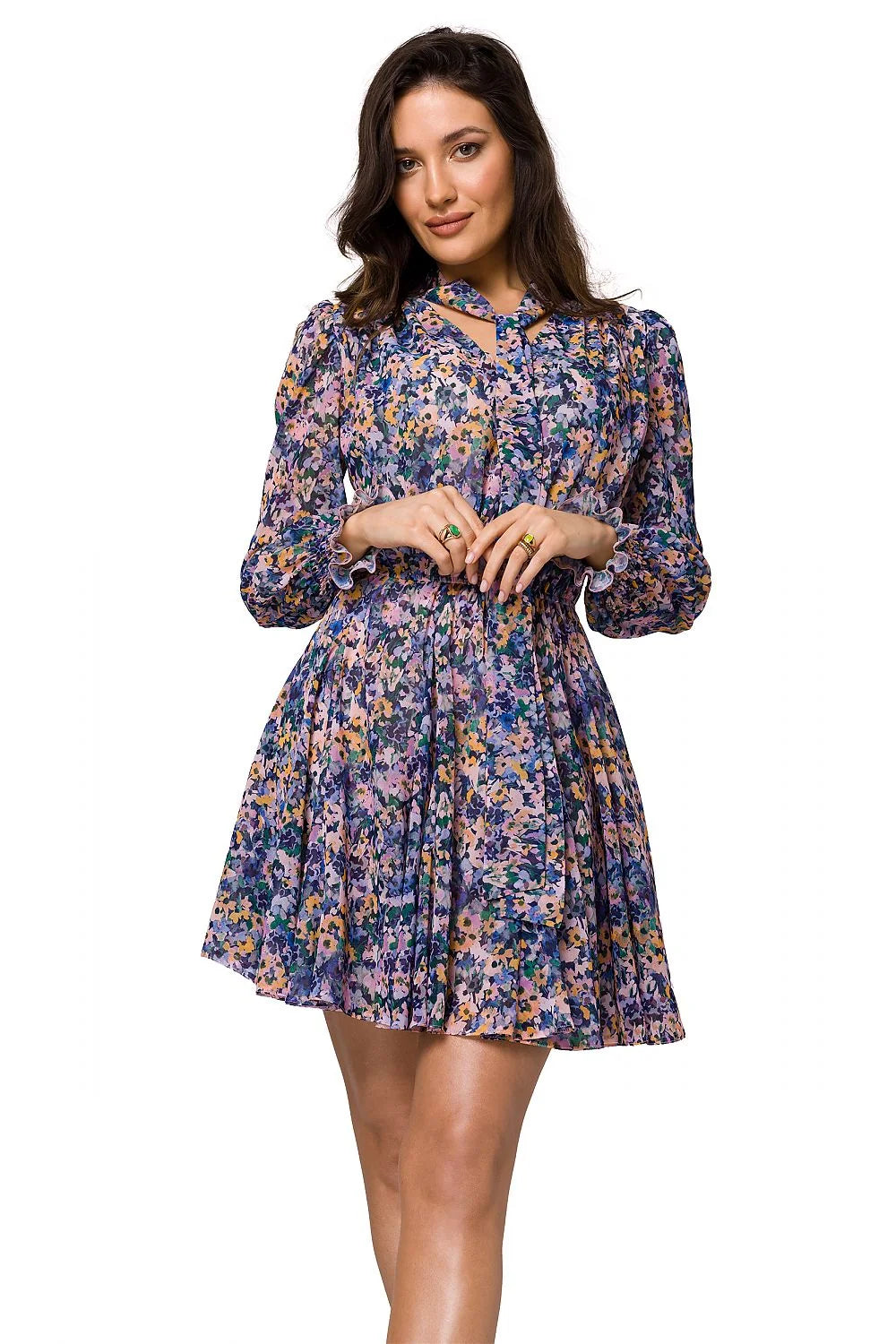 Robe de cocktail féminine imprimé floral manches longues mini jupe évasée taille ajustable polyester Violet Rose Jaune Vert femme