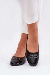 Ballerines élégantes pour femmes en cuir artificiel bout arrondi logo métal argenté noir confortable