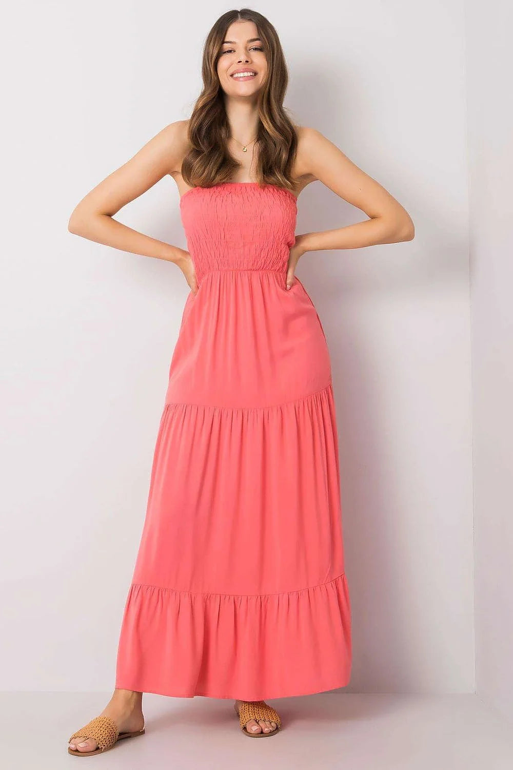 Robe de jour Fresh Made longue sans bretelles floral noir blanc rose clair élastique volants femme été