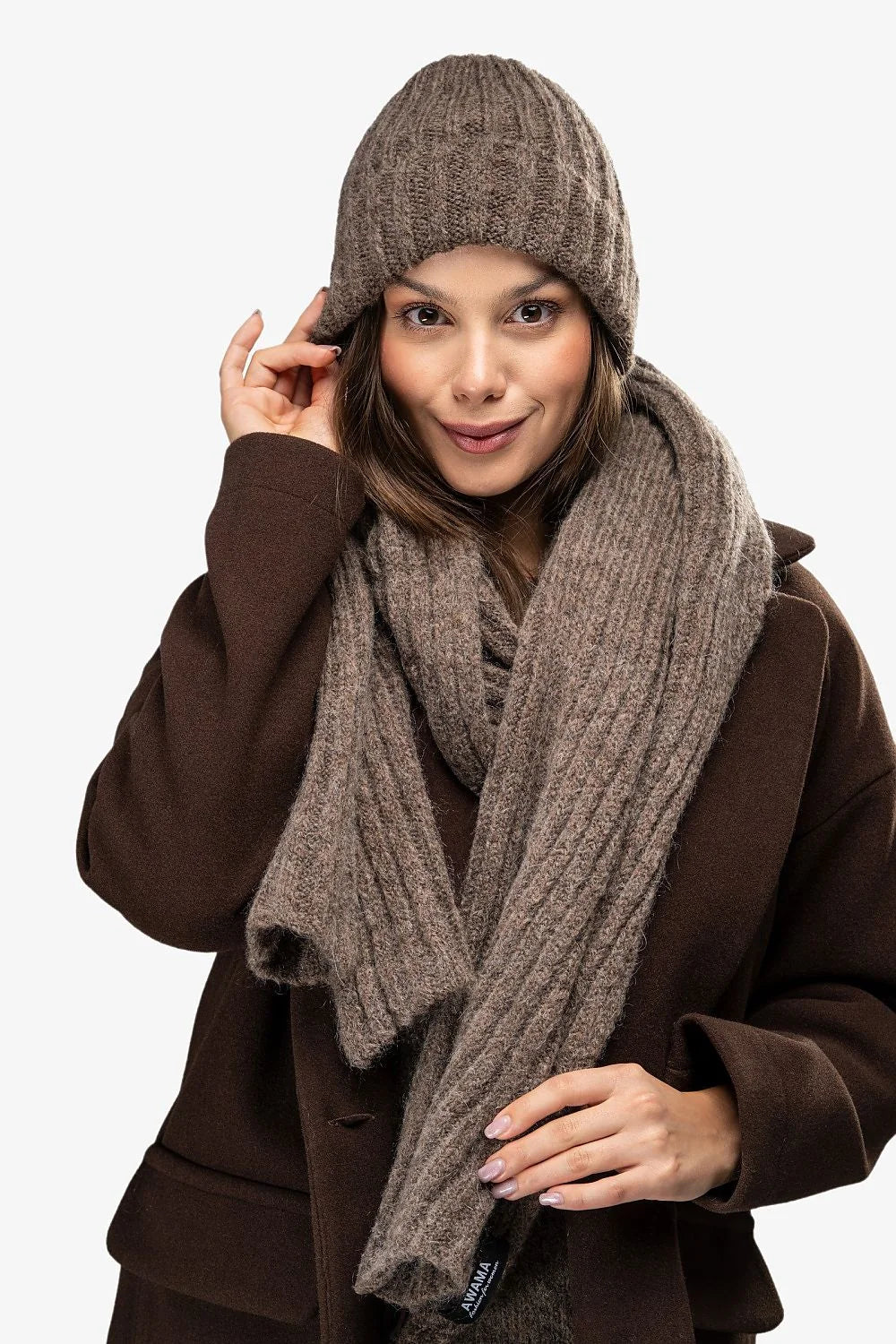 bonnet écharpe cachemire chèvre laine chaud doux taupe côtelé oversize ajusté généreuse moelleux respirant polyvalent voyage travail