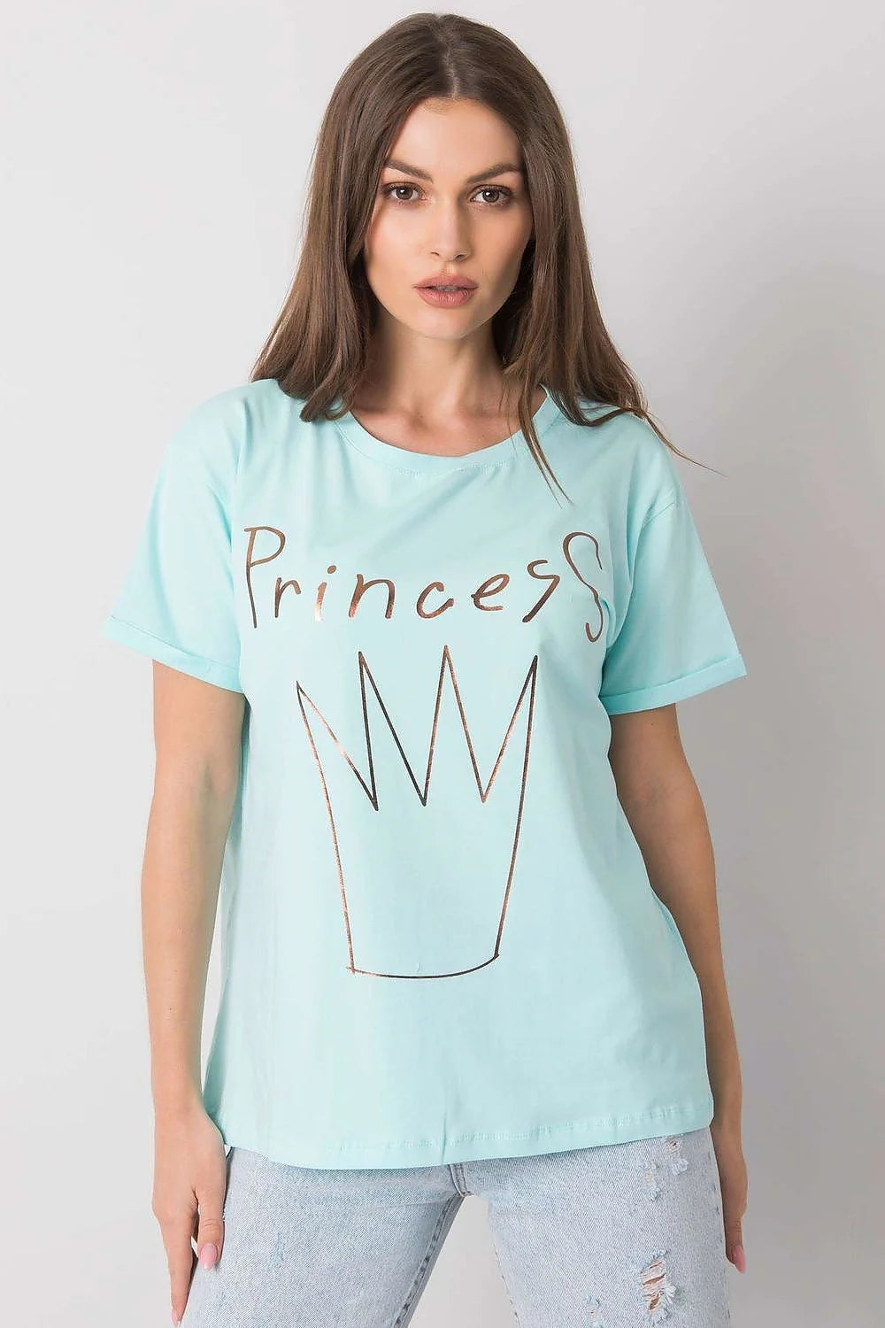T-shirt Fancy pour femme, style décontracté, coupe ample, manches courtes, encolure ronde, impression graphique Princess, coton 95% lycra 5%, bleu clair, finitions épurées, mode Casual