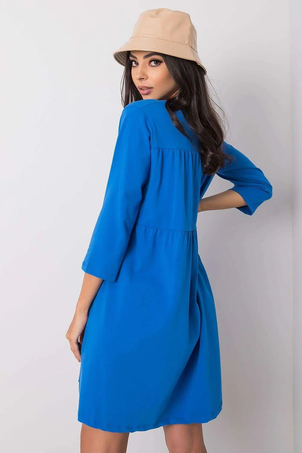 Robe ample verte coton moderne manches 3/4 poches latérales style décontracté mode féminine élégante