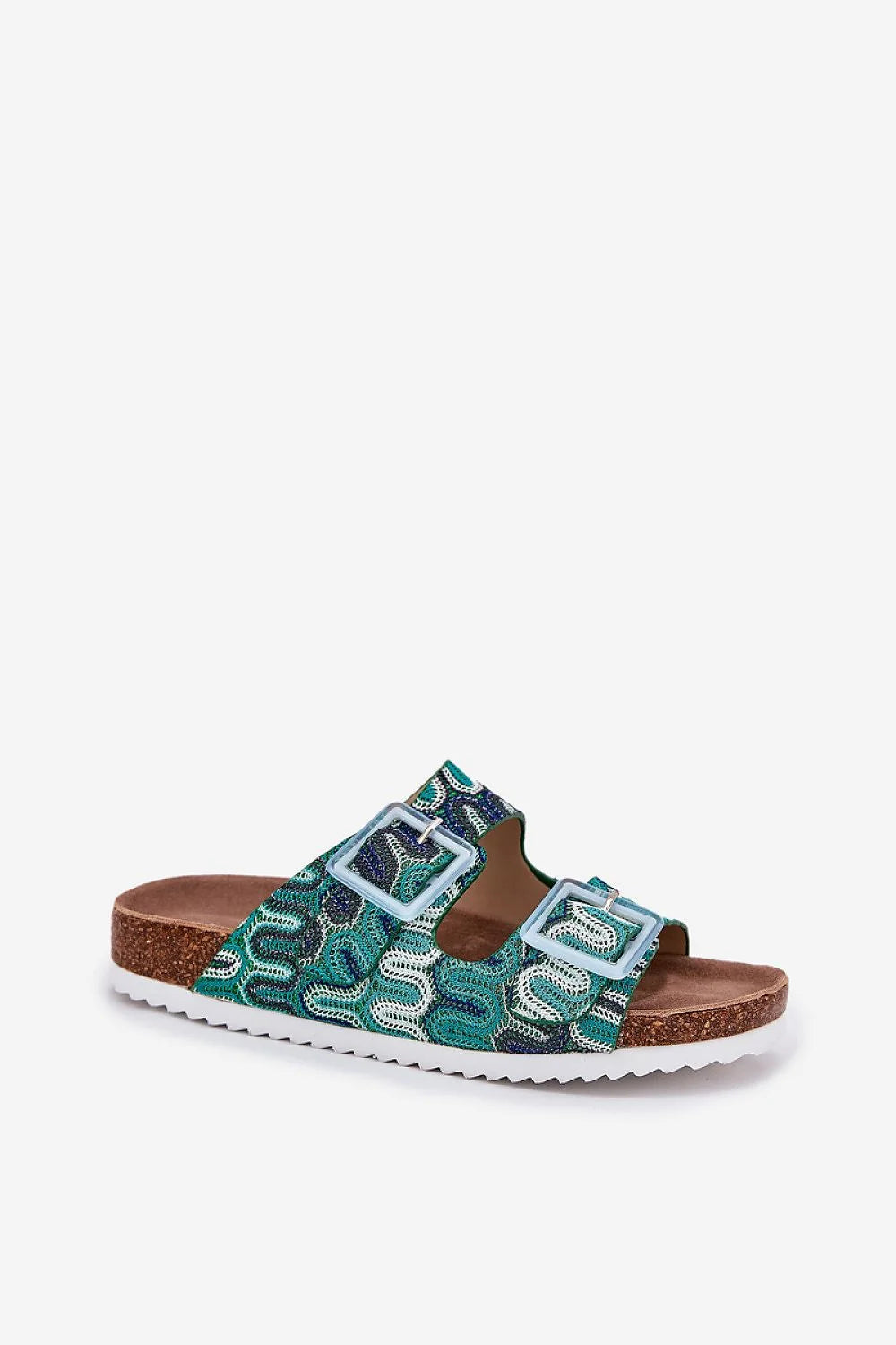 Sandales féminines modernes en tissu motifs abstraits bleu vert blanc cuir suédé semelle liège plateforme talon plat