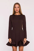 robe cocktail courte chocolat manches longues col demi cercle cintrée coutures princesses taille marquée jupe évasée volant froncé légère