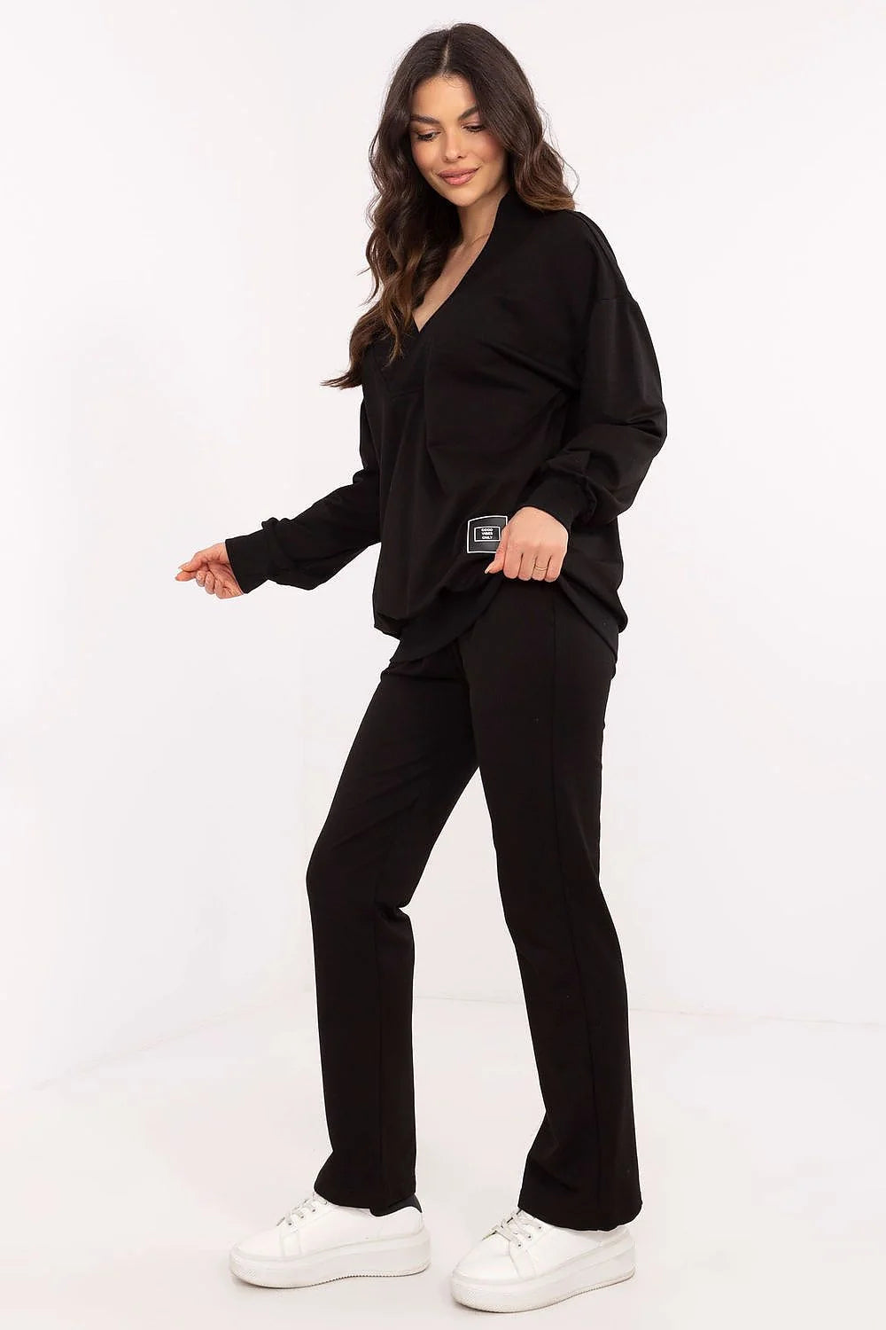 Ensemble moderne et décontracté pour femme noir uni haut ample manches longues encolure V profonde pantalon évasé taille haute