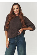 pull femme maille bouclée oversize coupe ample raccourci col rond manches mi longues bouffantes texture douce volumineuse texturée chocolat moka