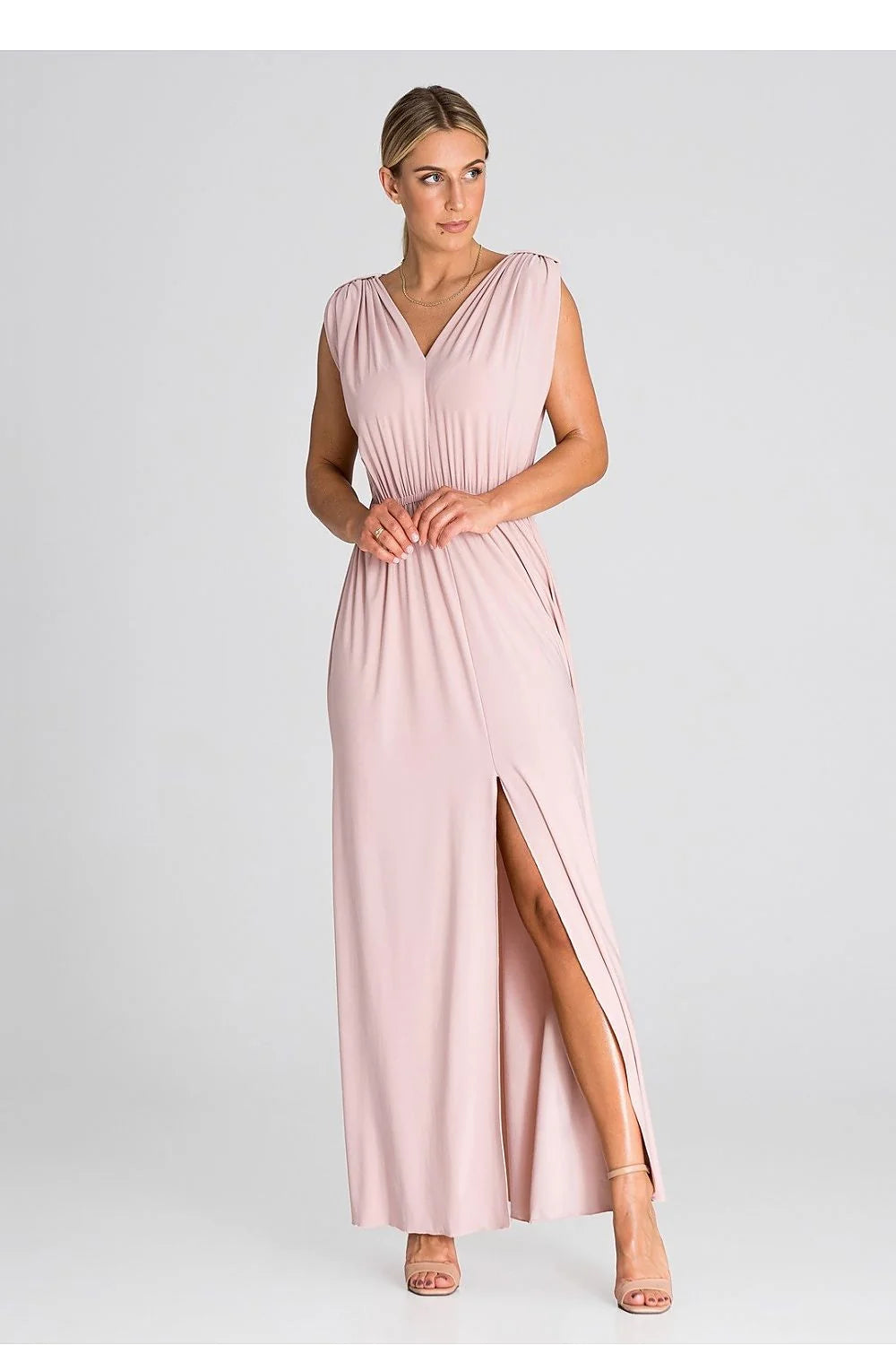 robe longue élégante sans manches col V rose poudré plissée taille cintrée jersey stretch fluide jupe ample fente centrale cérémonie