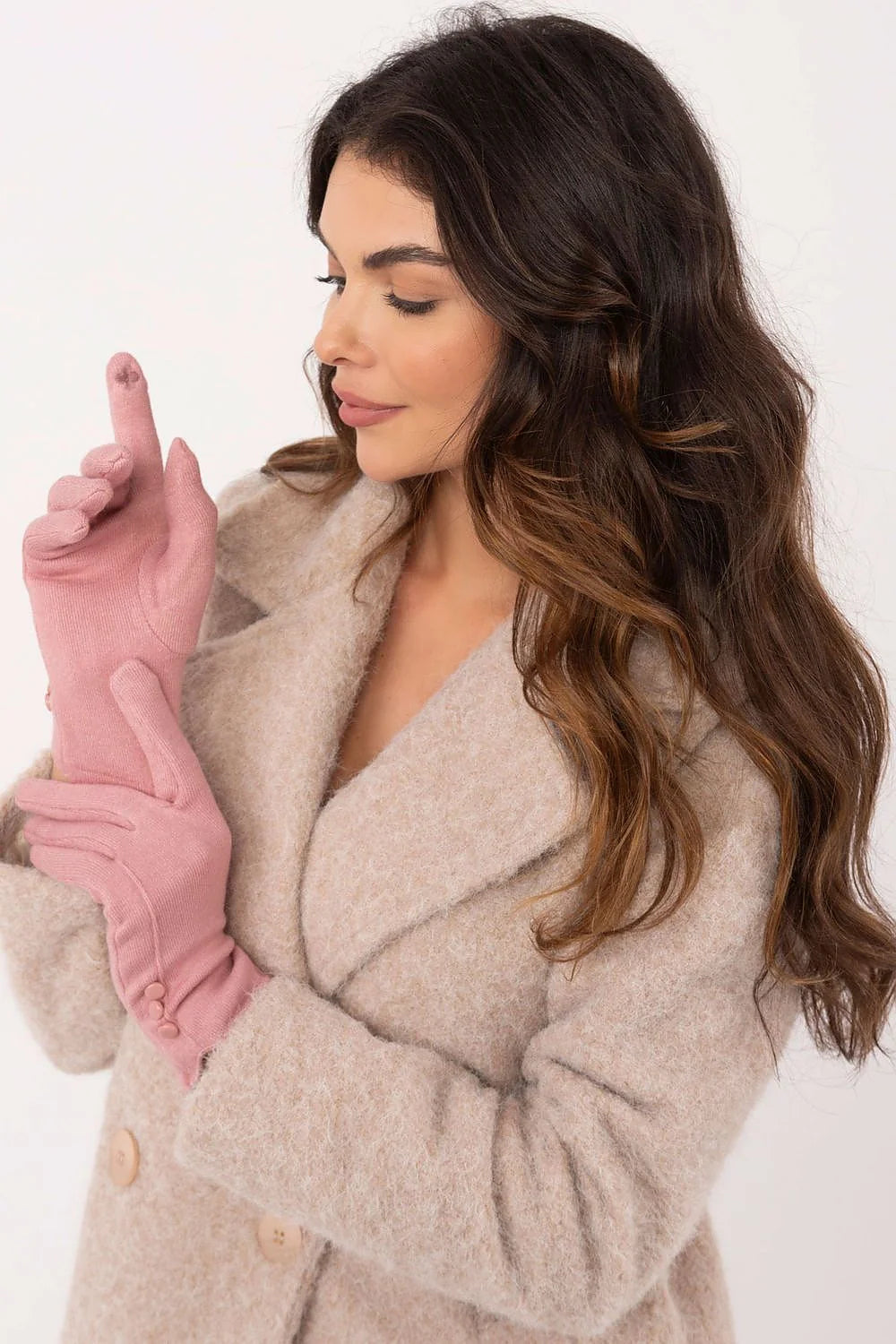 Gants élégants pour femmes en laine mélangée boutons poignets doux rose classique hiver mode