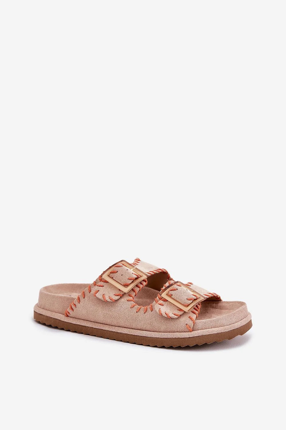 sandales féminines suédine écologique artisanal beige surpiqûres orange boucles carrées dorées double bride réglable semelle rembourrée antidérapante plateforme confort estival