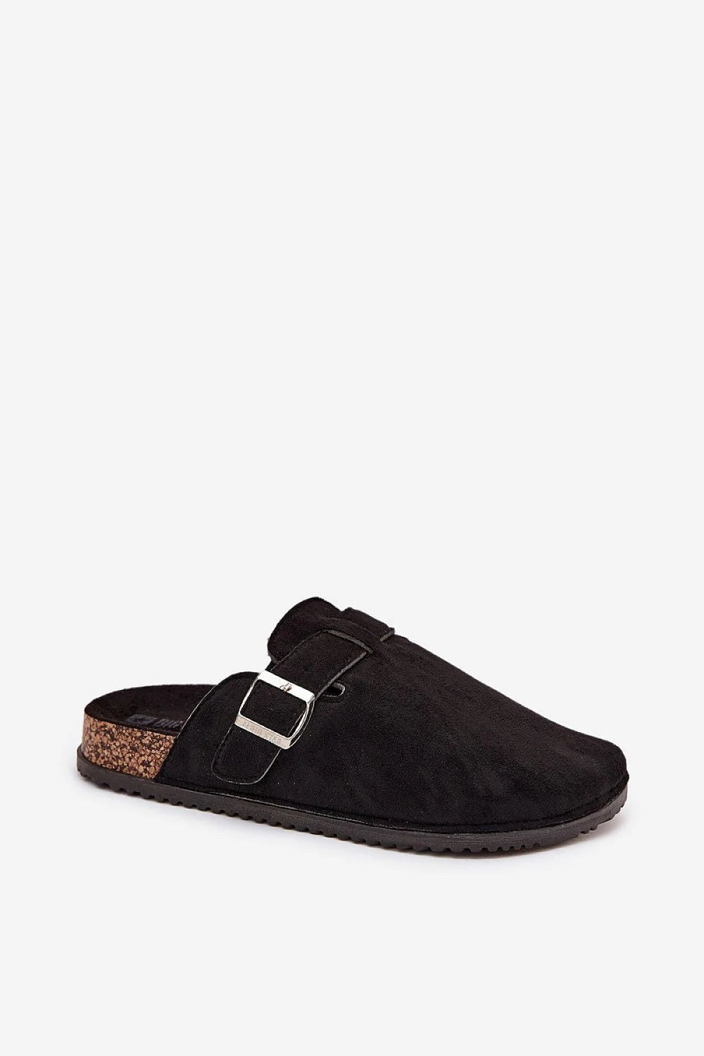 sandales femme BigStar suédine écologique noires bout fermé dos ouvert bride réglable boucle argentée semelle liège profilée caoutchouc antidérapante confortable