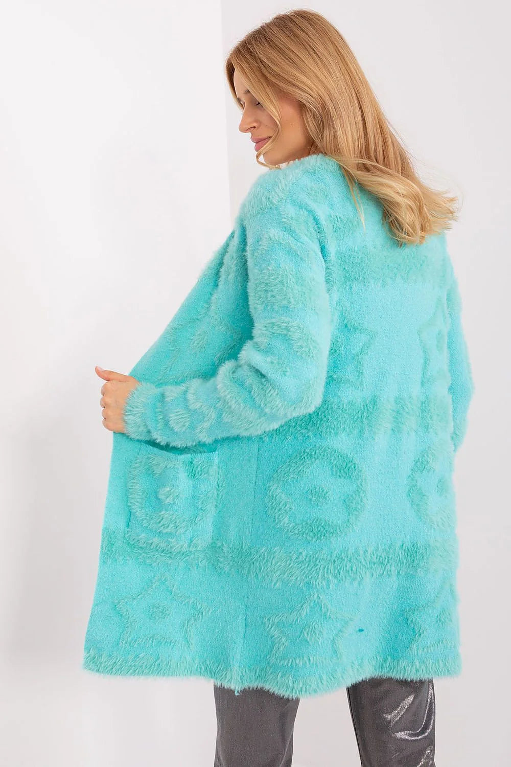 Cardigan pour femme moderne élégant longline manches longues sans fermeture couleur bleu turquoise vibrant texture douce