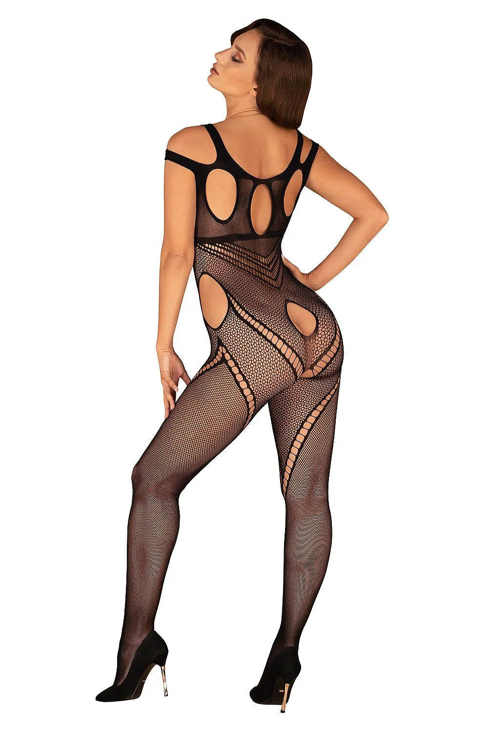 bodystocking résille noire sexy asymétrique découpes ovales sensuelles maille filet extensible élasthanne nylon ajusté sculptant col rond