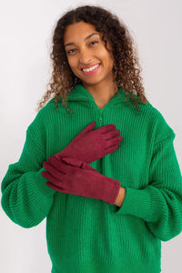 Gants élégants pour femmes en tissu lisse et isolant, index fleuri, couleur burgundy, manches longues, style classique, coupe ajustée, matériau doux