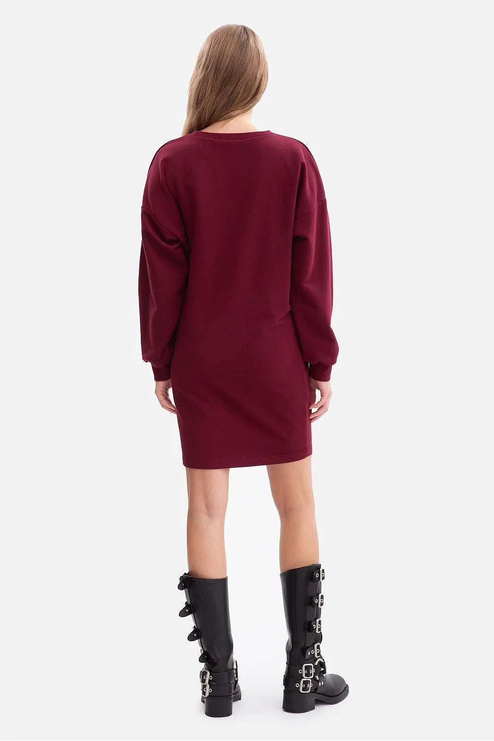 robe sweat femme oversize bordeaux molleton doux encolure ronde manches longues poignets côtelés drapé asymétrique coupe sportive féminine