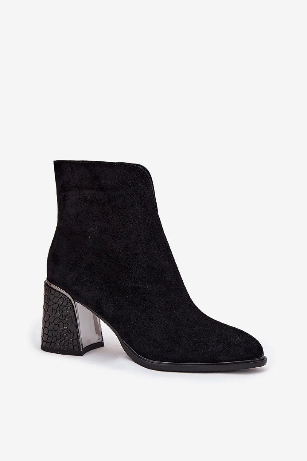 bottines femme suédine noire talon colonne texturé croco insert métallisé bout amande fermeture éclair latérale doublure chaude silhouette citychic