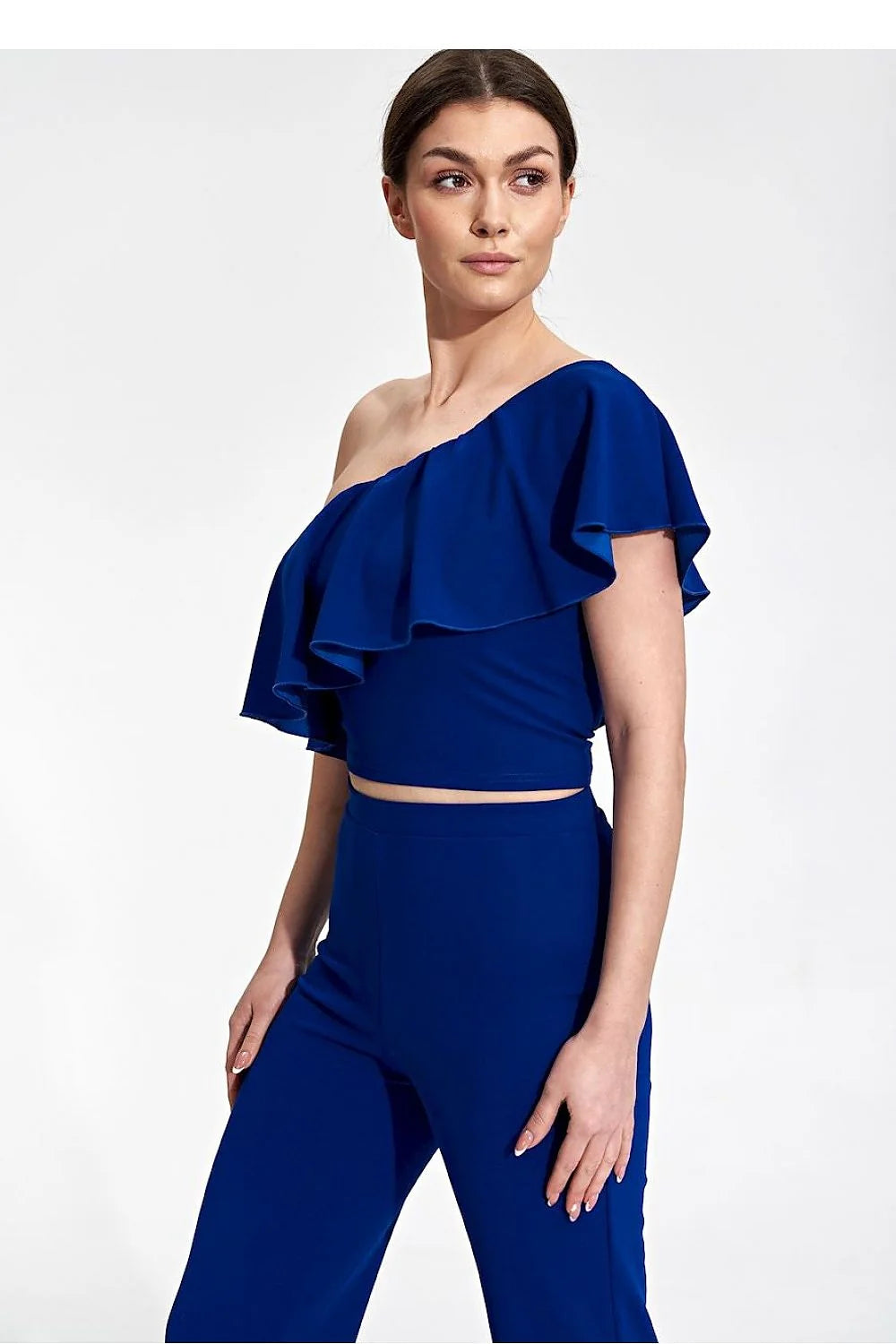 Chemisier asymétrique avec volant sur l'épaule, beige camel, polyester élasthanne, taille ajustable, pour femme élégante