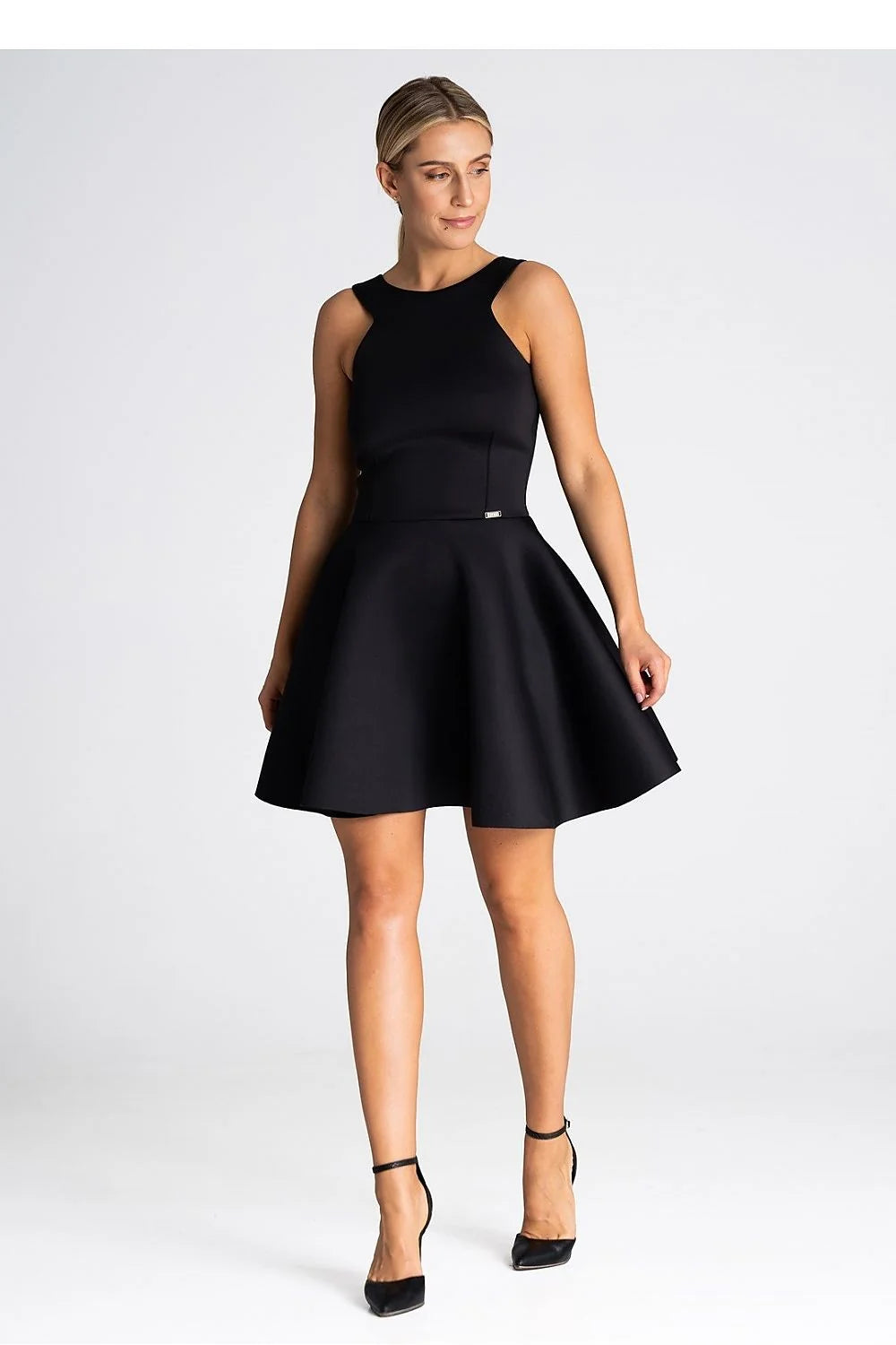 Robe de cocktail élégante noire tissu extensible silhouette flatteuse sans manches taille ajustable occasion formelle femme