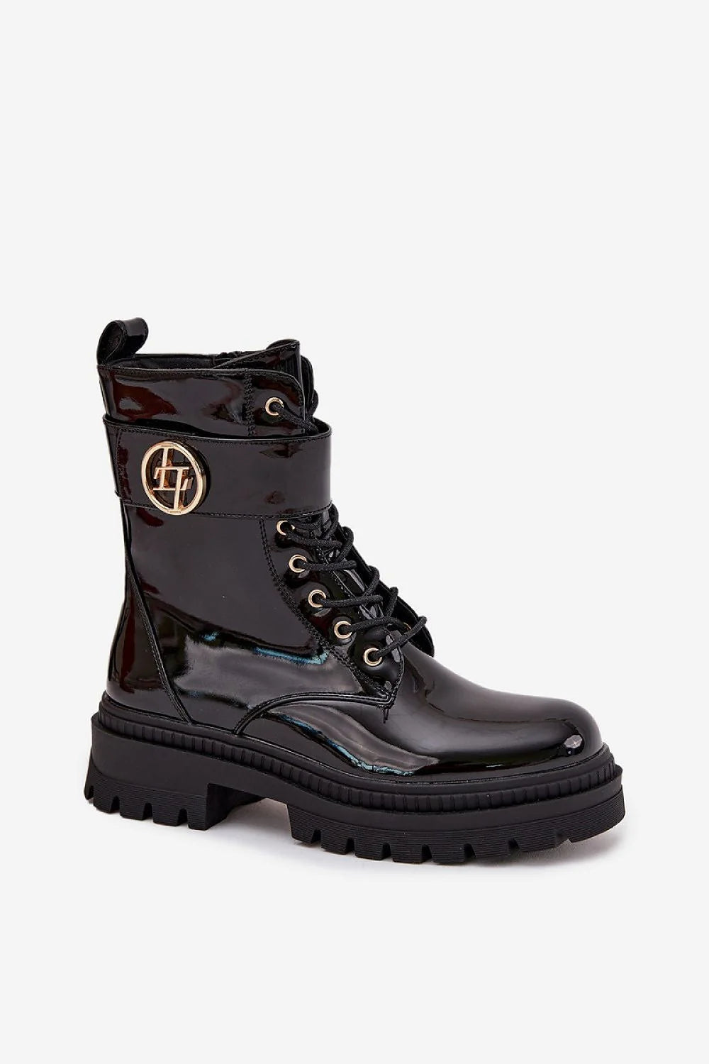bottines femme cuir synthétique verni noir tige cheville plateforme crantée semelle antidérapante talon plat zip lacets bande dorée doublure fourrure