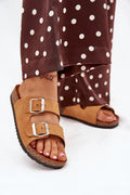 Sandales femmes style estival deux brides larges suédé écologique semelle liège antidérapante talon 2cm camel