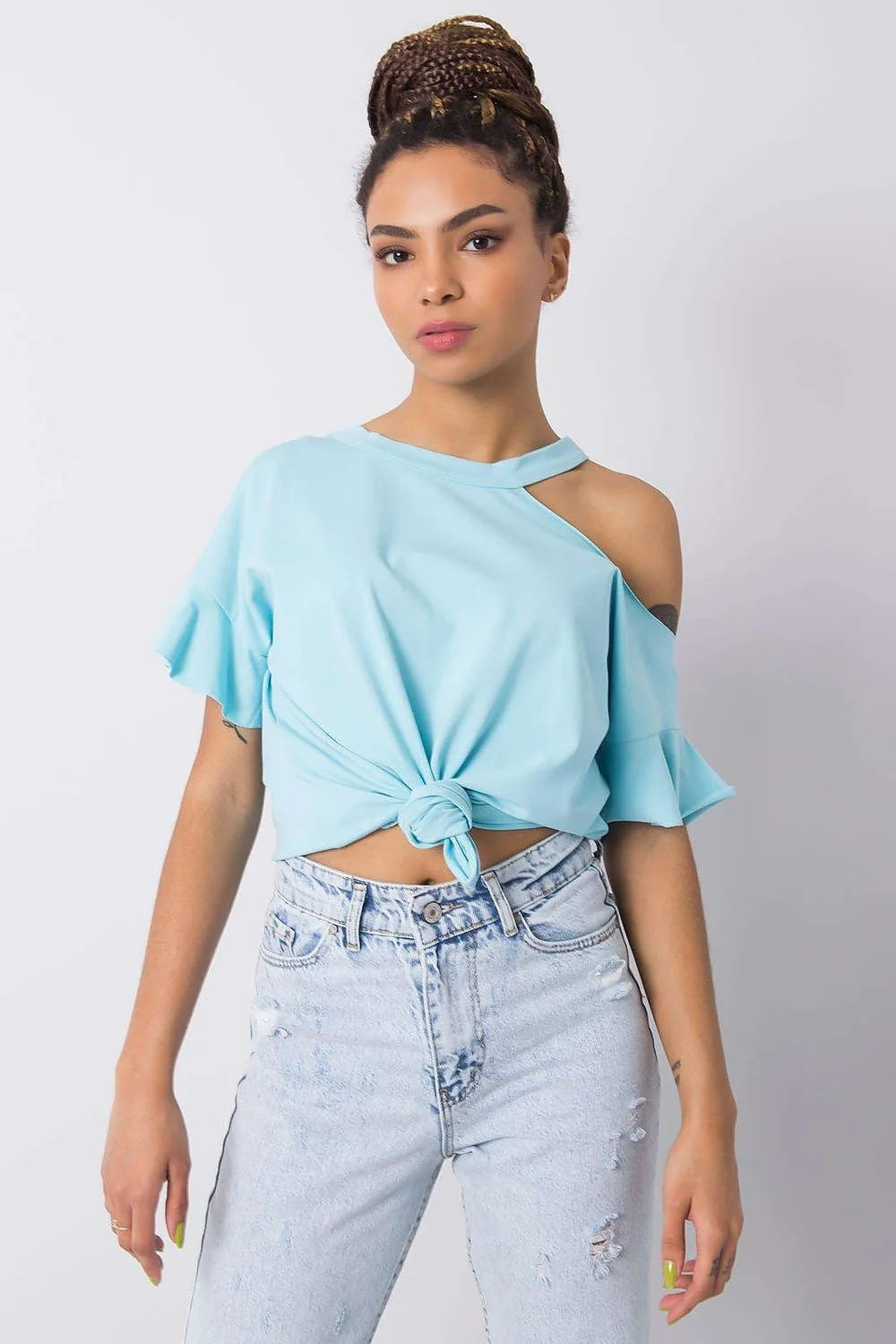 Blouse Fancy asymétrique pour femme, style cold shoulder, manches courtes, couleur rose vif, coton stretch, confortable, versatile, occasion多种