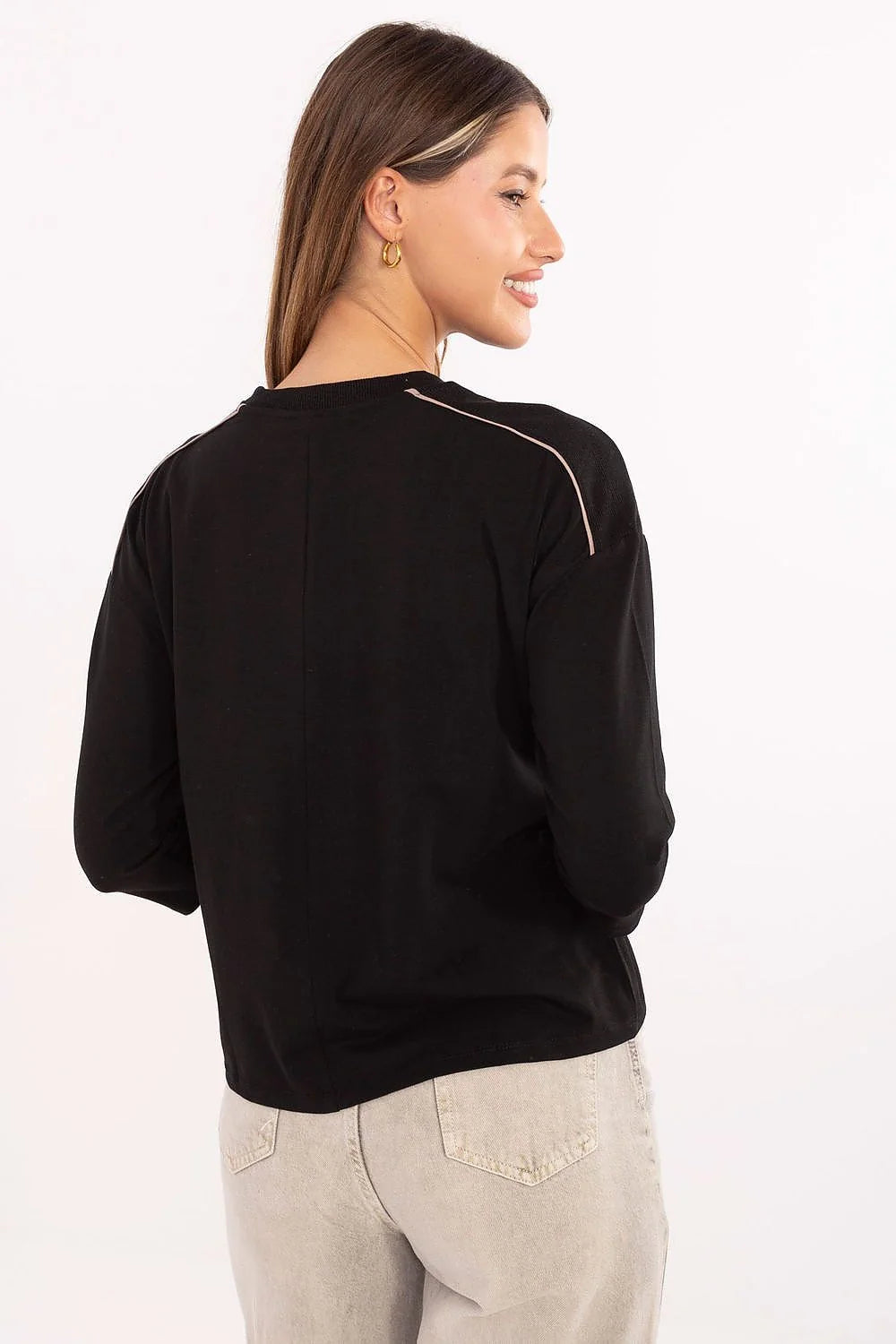 chemisier femme décontracté noir coton stretch manches troisquarts col rond broderie logo métallisé passepoil épaule coupe ample courte