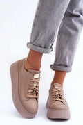 Chaussures de sport Maciejka pour femmes design moderne plateforme épaisse cuir naturel taupe doré lacets ajustables