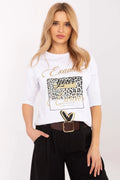 T-shirt femme décontracté chic imprimé motif animal 3/4 manches col rond coton blanc doré