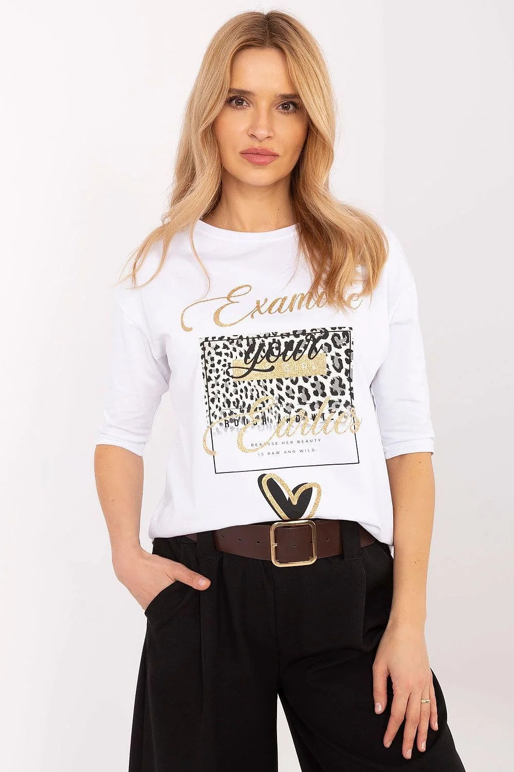T-shirt femme décontracté chic imprimé motif animal 3/4 manches col rond coton blanc doré