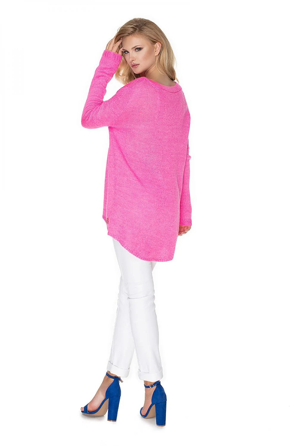pull femme rose fuchsia tricoté maille fine oversize col V manches longues coupe ample ourlet asymétrique plongeant doux respirant viscose