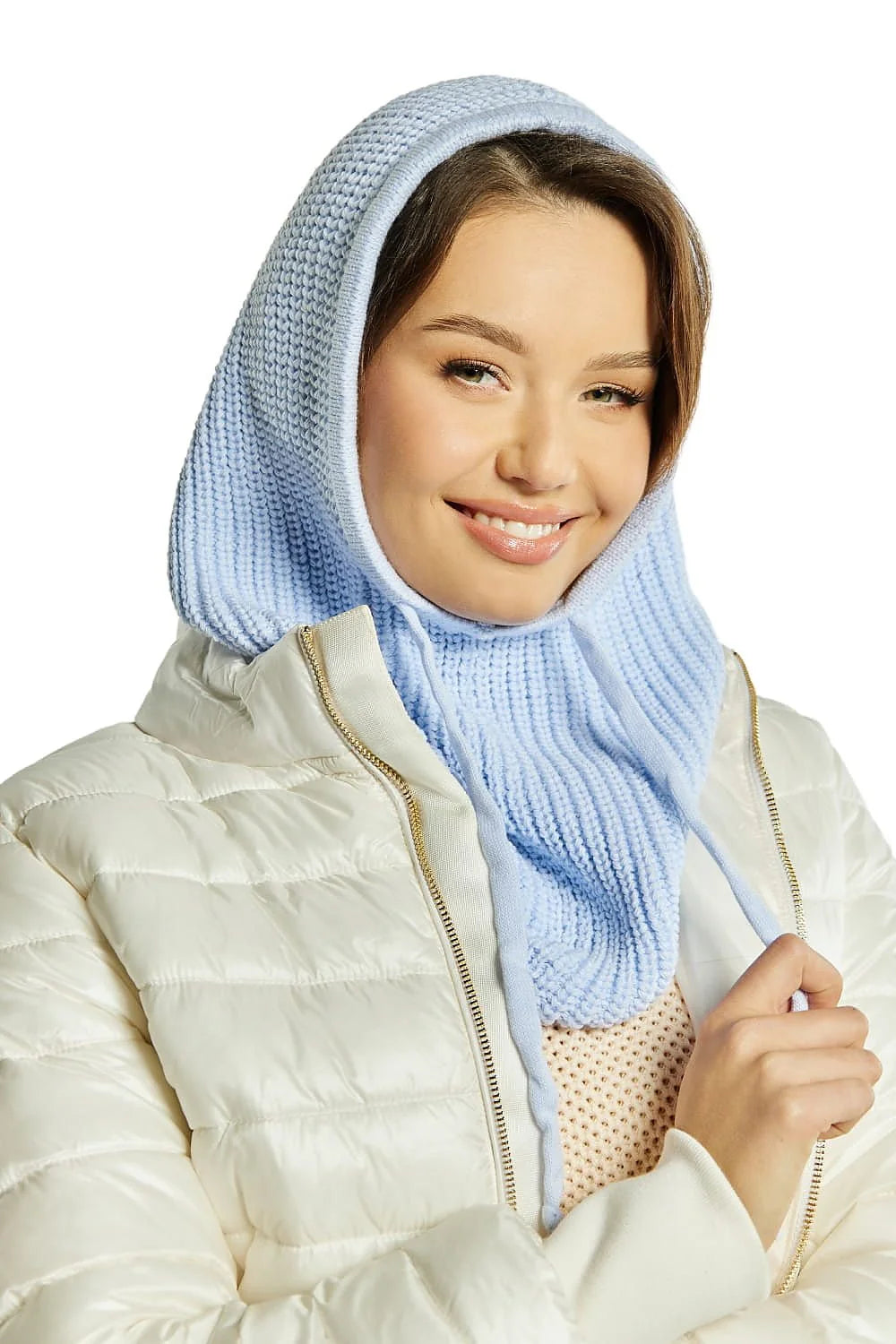 Capuche tricotée Kaptur Kamea pour femme, style décontracté, bleu pastel, matériau doux, protection contre le froid, usage quotidien