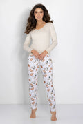 Pyjama pour femmes en coton doux, style basique, pantalon floral, beige clair, coupe ajustée, manches longues, taille élastique, imprimé floral pêche et vert, confort maximal