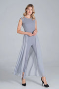 Combinaison femme chic en mousseline, élégante, sans manches, gris clair, style moderne, cape longue
