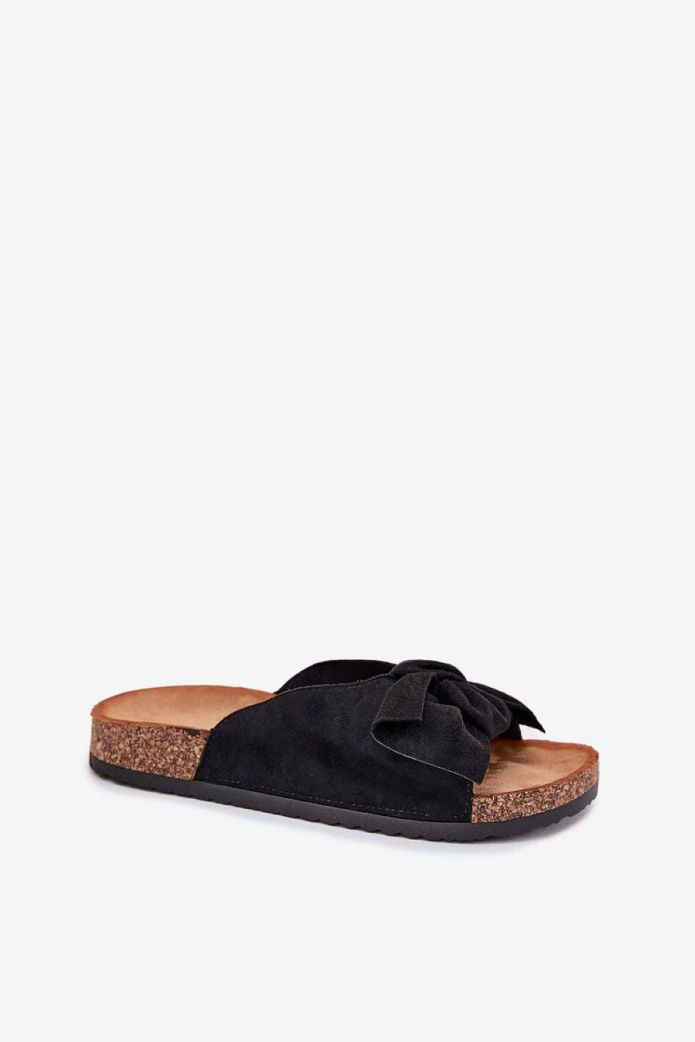 sandales femme suédine écologique noire nœud décoratif bride arrière mule semelle liège anatomique rembourrée talon plat confortable estivale chic décontractée
