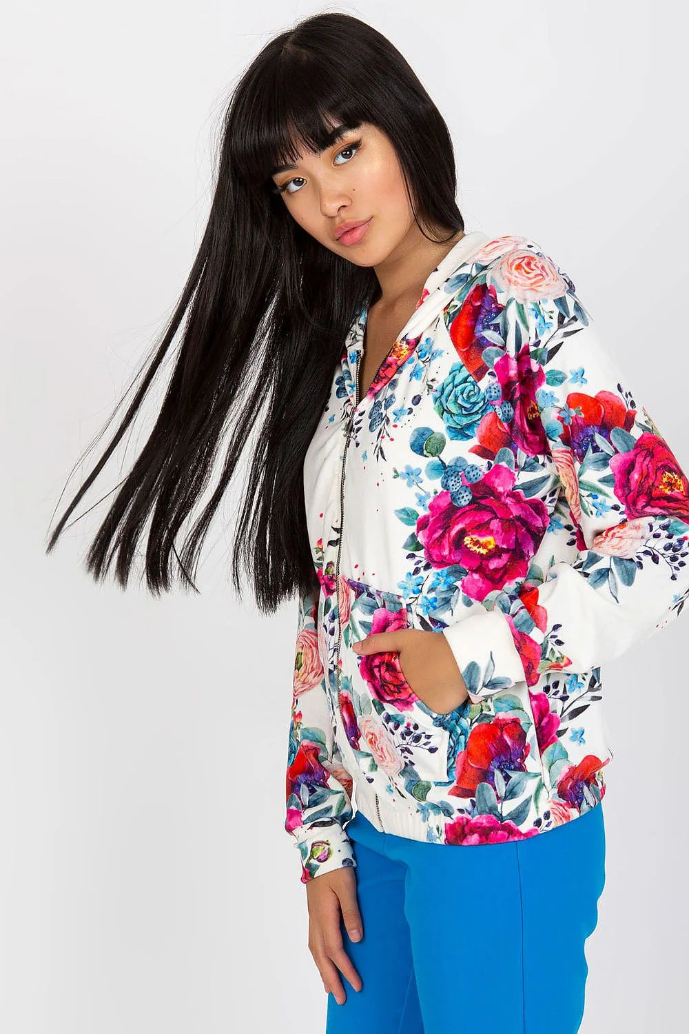 Sweatshirt à capuche floral femme, manches longues, fermeture éclair, style casual, matériau doux, taille confortable