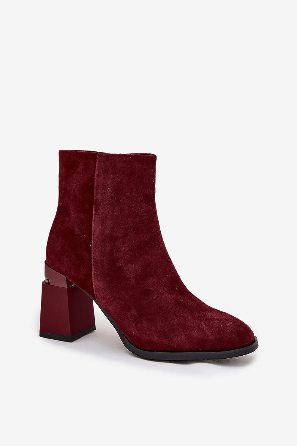 bottines cheville femme suède bordeaux velours talon bloc géométrique laqué effilé bout fermeture éclair latérale semelle noire contrastée