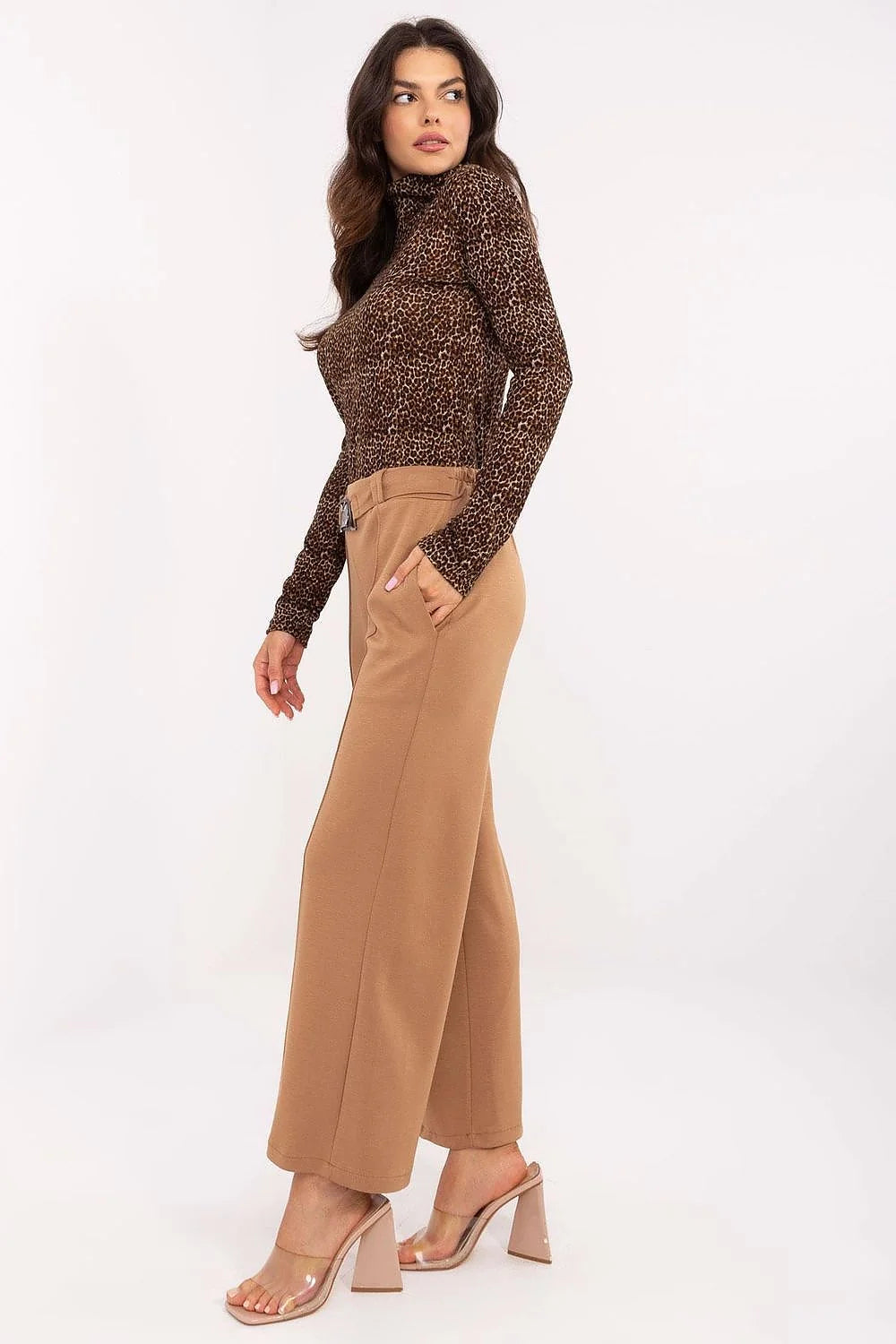 Pantalon survêtement femme haut col roulé motif léopard couleur brun noire taille haute style élégant confortable polyester viscose élasthanne occasion quotidienne