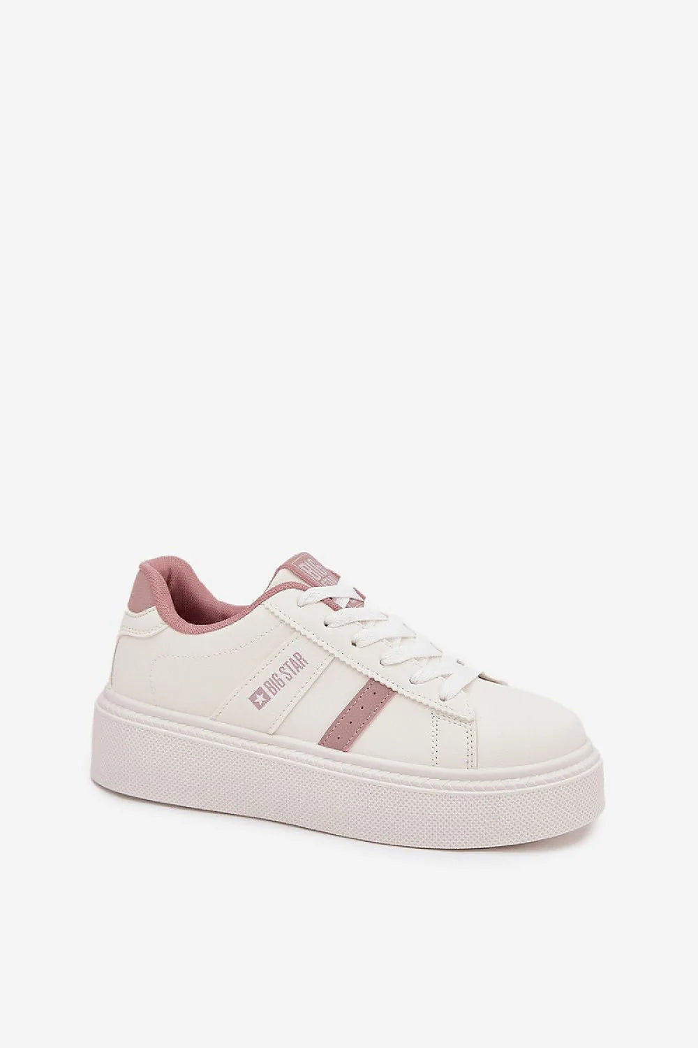 baskets femme plateforme simili cuir blanc rose poudré lacets col rembourré semelle épaisse texturée bandes contrastantes logo BigStar
