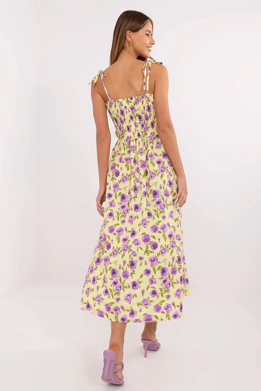 Robe de jour féminine Italy Moda motif floral violet jaune pâle tissu léger coupe midi évasée bretelles ajustables fente avant taille corset sans soutien-gorge femme