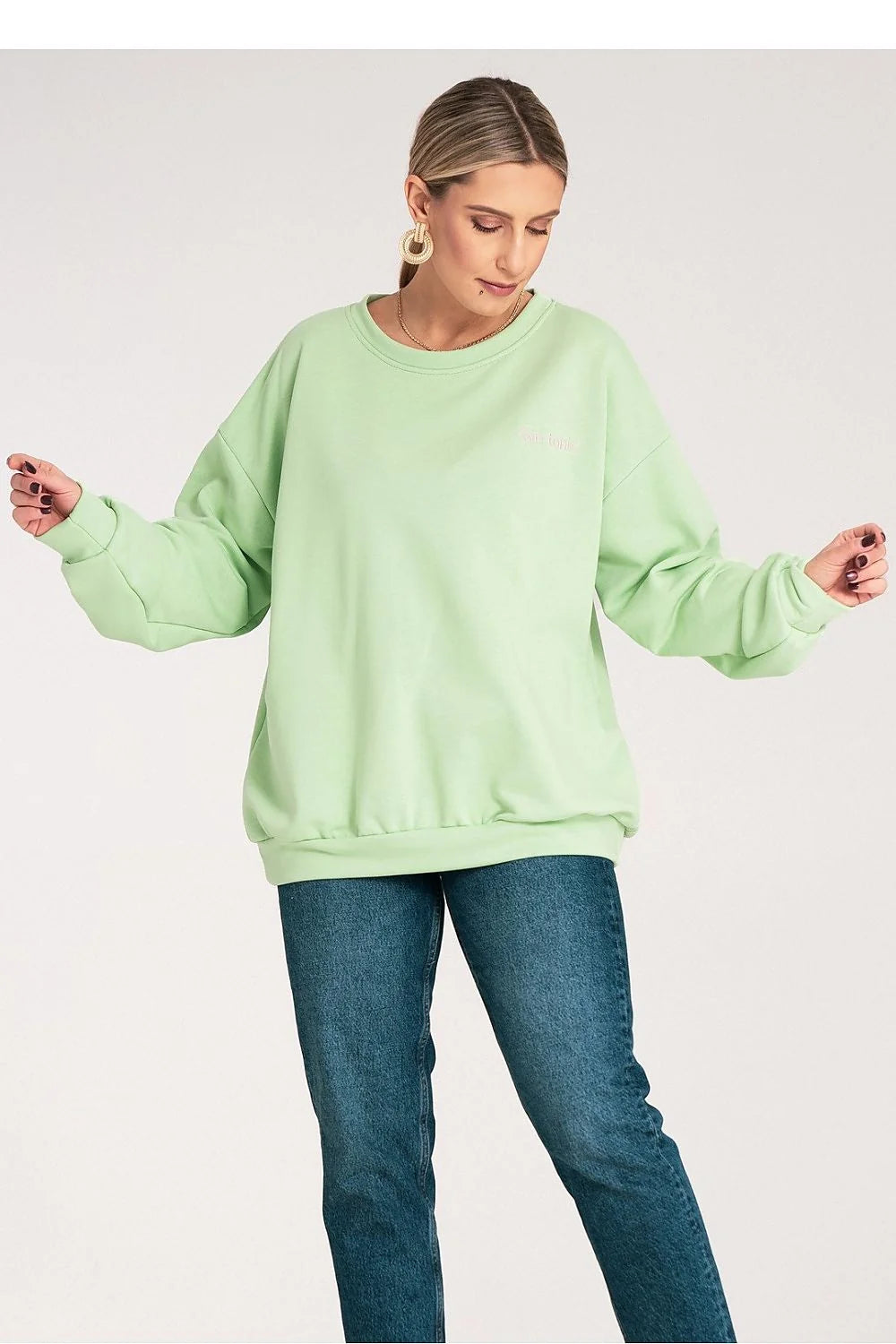 Sweatshirt femme décontracté vert pastel ample col rond coton polyester élastique poignets ourlet côtelé taille ajustable
