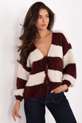 cardigan femme oversize rayures bordeaux crème maille épaisse duveteuse laçage devant encolure V manches bouffantes coupe courte casual automne hiver
