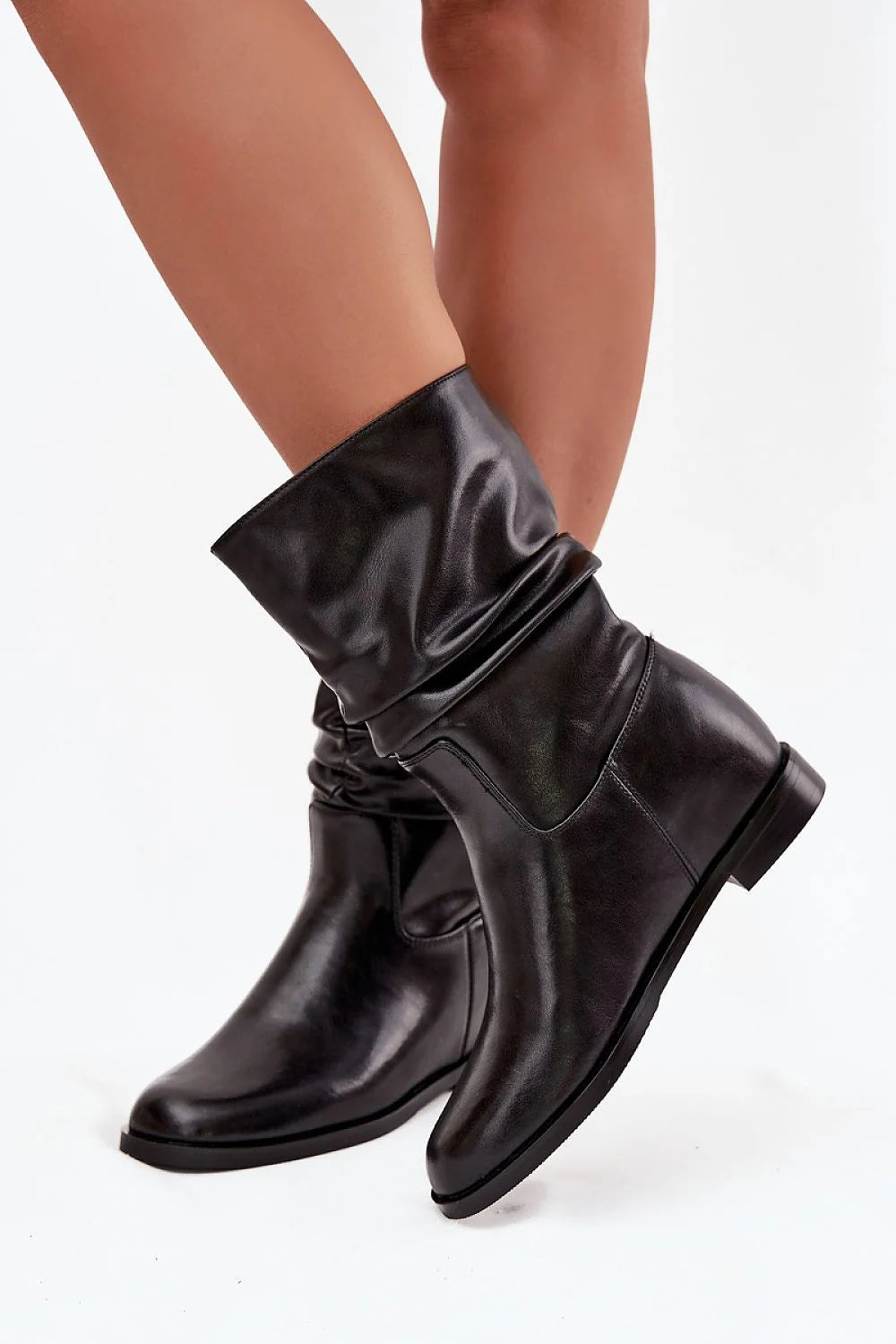 bottines femme Maciejka cuir naturel noir mi mollet tige froncée talon bas plat doublure chaude bout rond semelle souple confort
