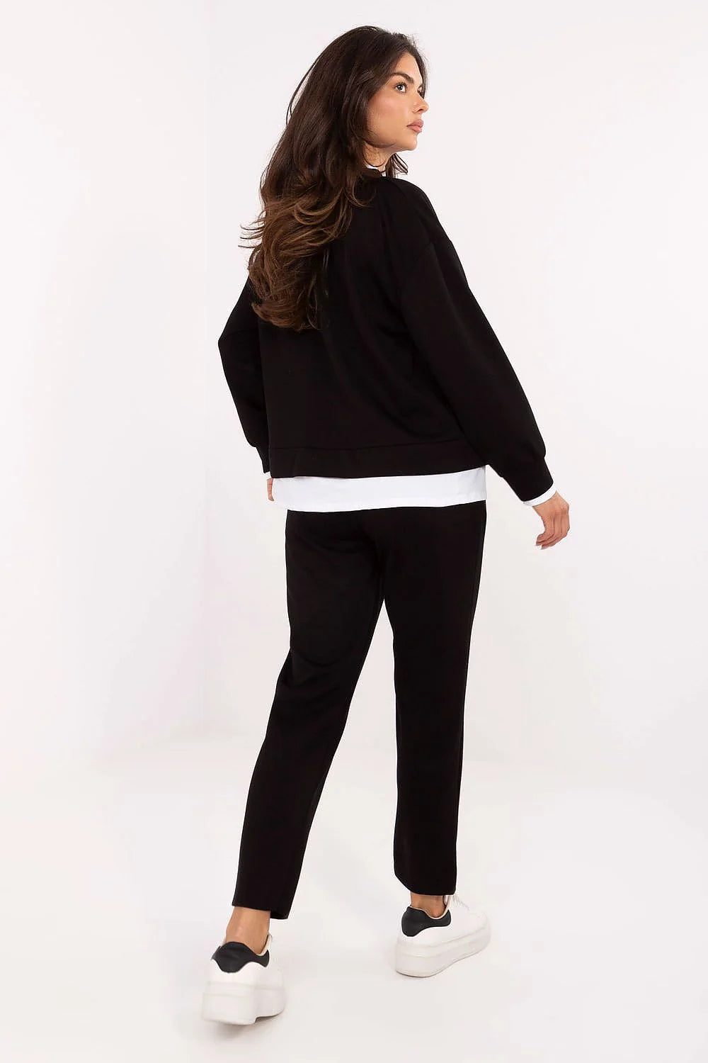 ensemble femme noir athleisure sweat jogger col rond manches longues bords côtes taille haute cordon poches latérales viscose elasthanne