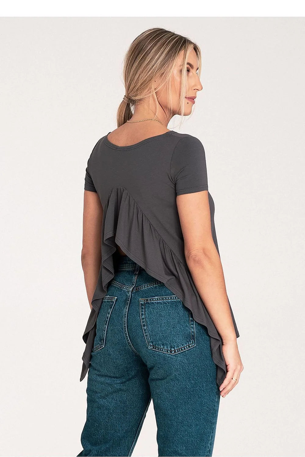 Chemisier pour femme en viscose 95% elasthanne 5% coupe évasée manches courtes encolure bateau gris charbon