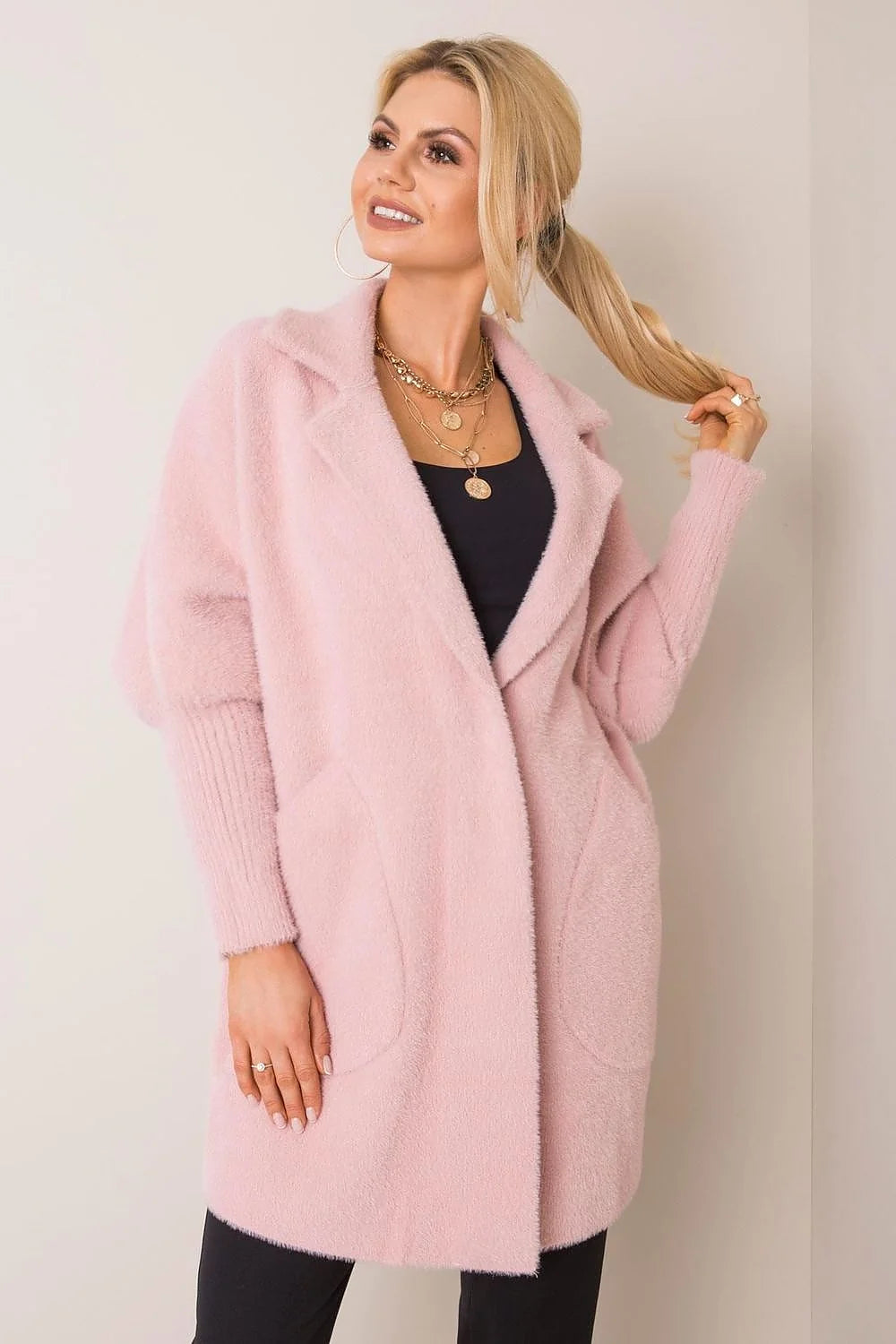 Manteau pour femme long en laine douce couleur rose pastel élégant coupe droite poches plaquées occasion hiver